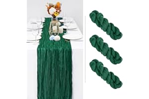 Showgeous 3 Pack Dark Green Cheesecloth Table Runner Gauze Tablecloth 90 x 300cm Long Semi-Sheer Table Runner Boho or Rustic Wedding Table Decor for Wedding Decor Bridal Shower Holiday Party
