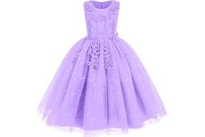 IWEMEK IWEMKE Enfants Filles Robe Mariage Tulle Dentelle Robe Princesse Longue Fleur Brodée Soirée Demoiselle d'honneur Robe Tutu sans Manches pour Pageant Baptême Fête Anniversaire Carnaval 3-12 Ans