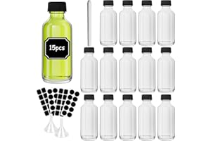 Yishik 2 oz Clear Glass Shot Bottles with Funnel,15 Pack Dispensing Wine Bottles,60ml Glass Bottles Juice Shots with Airtight Caps for Party,Wedding Favours or Drinks Storage