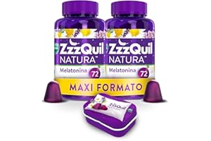 ZzzQuil Natura Integratore con Melatonina pura ed Estratti Di Valeriana Per Dormire, Camomilla e Lavanda, Maxi Formato Frutti Di Bosco 2x72 Gommose + Travel Case Viola