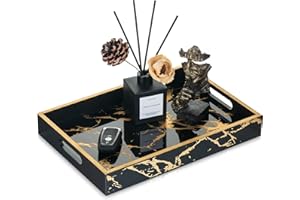 Hanobe Taca do serwowania dekoracyjna czarna: Prostokątny marmurowy wzór tacki na stolik kawowy z uchwytami do ekspozycji napojów herbacianych - złoty nowoczesny talerz do dekoracji otomany 34 cm