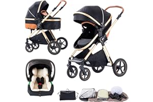 BEBBY Cochecito de bebé 3 en 1,Carrito Bebe 3 en 1 Con Asiento, Cochecitos Portátil Plegable Con Un Clic, Carricoche Combinado Paisaje Alto Marco de Aluminio Para Recién Nacido (Blackgold, H2)