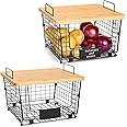 2 Set Stackable Kitchen Counter Basket with Bamboo Top - Pantry Organization and Storage Wire Organizing Basket - Cabinet Countertop Organizer Bins for Produce, Fruit, Vegetable (Onion, Potato), Bread