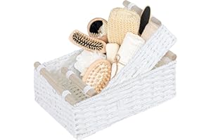 YheenLf Cesta Portaoggetti, 2er Set Cestini Decorativo Intrecciato, Cestino in Vimini, Contenitore Impilabile per Salotto, Camera da Letto, Bagno, 30x20x12cm/25x15x10cm, Bianco