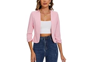 MINTLIMIT Womens Cropped Blazer Collarless Suits & Blazers Open Front Jackets 3/4 Ruched Sleeves Outerwear Half Linen Cardigan
