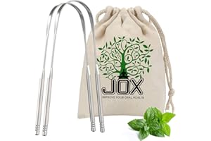 JOX Tongue Scraper Naturally Anti-Microbial - 100% Stainless Steel Tongue scrapers Tongue Care Tool Best Metal Tongue Cleaner and Bad Breath for Adults Oral Hygiene Includes 1 Cotton Bag (2)