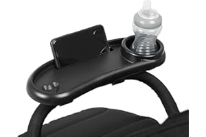 Ickle Bubba Universal Stroller Snack Tray (Black) Easy Access to Snacks and Drinks with Built In Cup Holder and Phone Holder – Clips Onto Any Pram or Stroller for On the Go Convenience