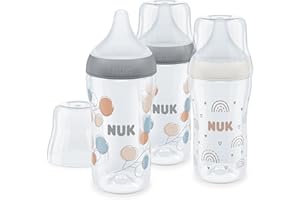 Set de biberones Perfect Match de NUK | +3 meses | Se adapta al paladar | Control de temperatura | Ventilación anticólico | 260 ml | Sin BPA | Tetina de silicona mediana | Arcoíris y Ramita | 3 uds.