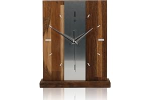 ‎KREATIVE FEDER Kreative Feder Designer-STANDUHR Silver Stripe aus MASSIVHOLZ ca. 27x20cm – analoge TISCHUHR ohne Tickgeräusche (Eiche geräuchert, Funkuhrwerk)