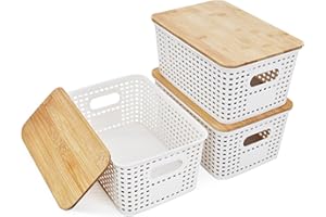 LYLIDIA Boîte de Rangement avec Couvercle 3L 3Pcs Panier Rangement Plastique avec Couvercle en Bambou 23x15,7x10,5cm Bac de Rangement Tressé Paniers et Boîtes de Rangement Empilables Blanc