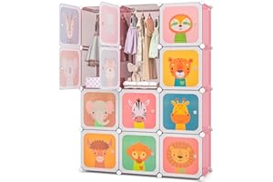 COSTWAY 8/12 Cube Children Clothes Closet, Cartoon Modular Wardrobe with Hanging Sections, Kids Storage Unit for Children Room, Nursery, Bedroom