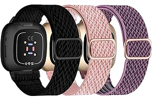 Nigaee 3 Pack Elastic Nylon Straps Compatible for Fitbit Versa 4/Versa 3/Sense 2/Sense Strap, Stretchy Adjustable Fabric Breathable Replacement Straps for Women Men