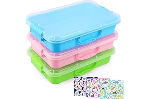 FIIOEOY 3 Pcs Sensory Bin Play Tray with Lid & 3 Stickers, Stackable Plastic Storage Containers, Portable Sandbox Toy, Organizers for Toys, Sand, Arts, Crafts (Blue, Green, Pink)