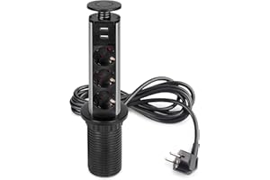 Emuca - Regletas Enchufe encastrable, Regleta multienchufe retráctil, 3 enchufes EU y 2 Puertos USB, Torre de enchufes Vertical empotrable para encimera, Pintado Negro, Plástico y Aluminio