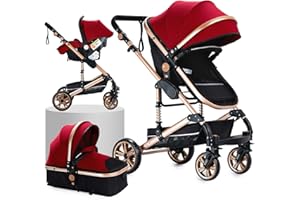 Prokoke Poussette 3 en 1, Poussette avec Réversible Deux Façons de Pousser, Pousette 3 en 1 avec Alliage d'aluminium à Cadre, Poussette Canne avec Conception Pliable en Un Clic (739 Red)