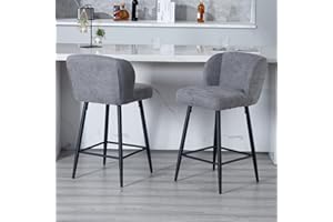 chairus Juego de 2 Taburetes de Bar Moderno Taburetes Altos de Cocina con Respaldo y Reposapiés, Sillas de Bar en Lino Taburetes de Encimera con Asiento Acolchado para Hogar/Cafetería, Gris
