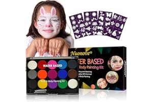 NUONOVE Kinderschminke, Körperfarben Set, Schminkfarben Kinder, Gesichtsfarben Kinder, Weihnachtsdekoration, 2 Pinsel, 15 Farben, 2 Tattoo Vorlagen, für Kinder geeignet, Schminkset für Halloween und Fasching