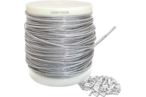 JAHOMFAI 3mm 304 Wire Rope Stainless Steel Wire Cable 100m Length 7x7 Cross Section 517kg Breaking Load stainless steel cable with 100 Pcs Aluminum Crimping Clamps Loop Sleeve (Diameter: 3mm Length: 100m)