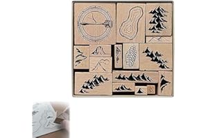 ADERPMIN Kit de Sellos de Madera Vintage para Hacer Mapas y Tarjetas - Juego de 16 Sellos Goma con Montañas, Ríos, Bosques, Edificios