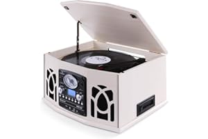 AUNA NR-620 Record Player - Vinyl Player, Turntable, Retro Record Player, CD player, VHF radio, Belt Drive, max. 45 rpm, USB/SD, Remote, Cassette Slot, Digitizing Function, White