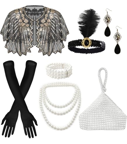 5 stuks accessoires voor dames, accessoires Gatsby-kostuum, modieus thema Charleston accessoires, met oorbellen, halsketting, handschoenen, armband, hoofddeksel, voor maskerade, Halloween, Kerstmis
