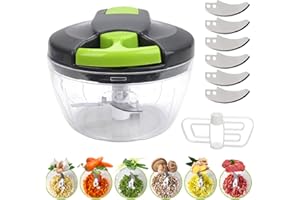 ZXPASRA Hachoir Manuel 520ml, Hachoir Oignon Manuel Avec 3 Lames En Acier Inoxydable, 3 Lames Supplémentaires Et 1 Mélangeur, Mixeur Manuel, Coupe Oignon Manuel pour Oignon, Ail, Viande, Légumes, Noix