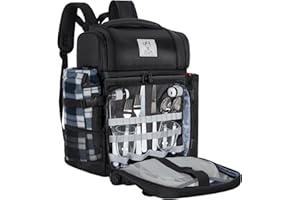 BQKOZFIN Picnic Backpack for 2 Person with 2 Insulated Leakproof Cooler Compartment, 2 Cutlery Sets, Wine Holder, Fleece Blanket, Picnic Bag Perfect for Beach, Camping, Hiking (Black)
