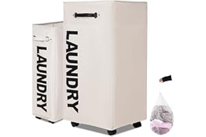 Caroeas Panier à Linge 108L avec Roulettes, Pliable et Étroit, Grande Capacité, Bac de Rangement sur Roues pour Petit Espace，Beige