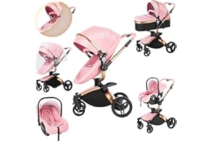 Prokoke Cuero PU Carrito Bebe 3 en 1, Carrito Bebe con Asiento Ajustable Rotación 360°, Carro Bebe 3 Piezas con Estructura de Aleación de Aluminio, Cochecito Bebe 3 Piezas Recién Nacidos (906 Pink)