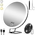 30x Magnifying Mirror with Light, Large 15cm 3 Colors Dimming Lighted 30x Magnified Mirror with Suction Cups & Table Stand, Travel Magnifying Makeup Mirror 30x Magnification with Tweezers & Scissors