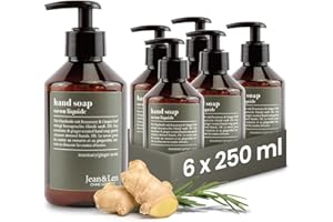 Jean & Len Savon pour les mains Rosemary & Ginger, nettoie les mains abîmées, usage quotidien, savon liquide avec pompe rechargeable, sans parabènes, silicones ni microplastiques, 6 x 250 ml