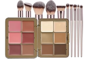 BRILLIANTDAY Tavolozza per contouring in crema, 12 colori, copertura completa e pennelli per il trucco, palette per contouring viso, regalo per donne e ragazze