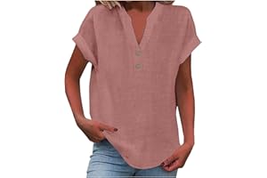 NUOKE Leinenbluse Damen 2025 Frauen Sommer Tshirt Baumwolle Leinen Cap Sleeve T-Shirt Knopf V-Ausschnitt Tunika Tops Mode Baggy Solid Plain Casual Tshirts Trendy Bluse