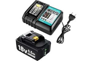 BATTOOL Ladegerät mit 18v 5500mAh Akku für makita BL1830B BL1840 BL1850 BL1850B BL1860 BL1860B BL1815 LXT-400,5.0Ah 18V Ersatzakku mit Netzteil DC18RC 3A