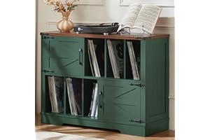 LELELINKY Large Record Player Stand with Storage, 1m Vinyl Records Storage Organizer Cabinet, Farmhouse Wood Vinyl Table with Barn Doors, Mid-Century Turntable Stands for Living Room, Green