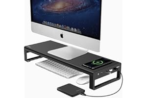 Vaydeer Monitor Stand with Wireless Charging and 4 USB 3.0 Ports, Metal Computer Stand Riser for Desk, Aluminum PC Screen Stand for Office, Laptop, Computer, iMac, Printer up to 32 Inches - Black