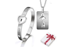 LINJINDE 2 pezzi bracciale e collana con chiave Braccialetto con lucchetto e catena con ciondolo per lui e lei coppia, cuore, gioielli donna uomo partner amicizia