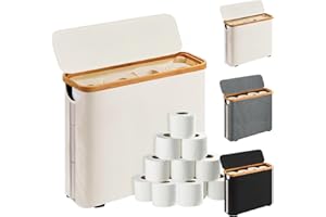 PRISMORIA Toilet Roll Storage, Beige Toilet Paper Basket with Lid Bamboo Toilet Paper Storage Holder Organiser Toilet Paper Storage Container for Mega Roll Standing for Bathroom Cabinet for up to 12 Rolls