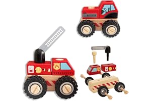 WOODENFUN Construction Vehicles for Toddlers, 2 Pcs Wooden Detachable Assemble Cranes and Tractor, Kids Vehicle Toys Hand Push Car Toys for 3 Years Old Boys Girls (Red)