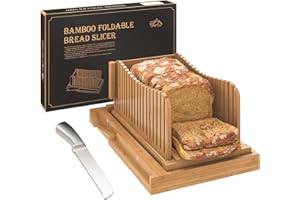 VRICCC Bamboo Bread Slicer with Serrated Knife, Adjustable Bread Slicer Guide with 3 Thickness Size, Foldable Compact Chopping Cutting Board with Crumb Tray, Great for Homemade Bread, Cakes, Bagels