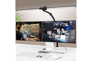 LGMCF Led Desk Lamp for Office Home, 24W Hand Wave Actived Double Head Desk Light Bar with USB & Type-C Charging Port, 5 Color Dimmable Eye-Caring Table Clamp Monitor Light for Study, Reading, Work