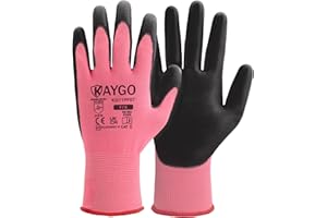KAYGO Work Gloves PU Coated 12 Pairs, KG11PF, Safety Working Gloves with Secure Grip on Palm & Fingers, for Men and Women, Ideal for General Duty Work, Gardening(Small, Pink)