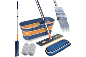 DYDHRER Großer Flachmopp Flachmopp Set mit Eimer/Flachmopp aus Mikrofaser/Flachmopp mit Auswringfunktion/360° Drehgelenk/freihändiger Mopp für Hartholz Laminat/Fliesen(2 Pads+1 Faltbarer Eimer)