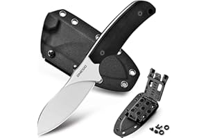 Omesio coltello a lama fissa con fodero Kydex. Acciaio D2 full - tang, 22,5 cm in totale. Manico G10 ergonomico, ideale per campeggio all'aperto (nero + bianco).