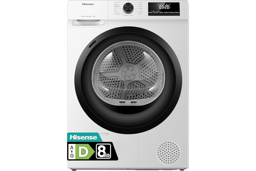 Hisense DHQE800BW2 Heat Pump Dryer, 8 kg, Class D, Black Porthole, Big Display, 16 Programs, Refresh