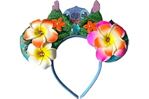 LILIUM KIDS Stitch Flowers Disney Minnie Mouse Inspired Girls Alice Headband With Big 5" Green Sequin Top Bow and Flowers Handmade