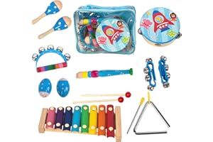 WOODENFUN Wooden Musical Instruments Set for Toddlers 1-3, Natural Wood Percussion Instruments Xylophone Gift Set for Girls Boys Kids ,Preschool Educational Musical Toys with Storage Bag (Blue)