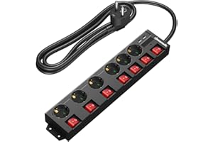 DEWENWILS Listwa zasilająca z wejściem USB, 6 gniazdek z przełącznikiem, listwa zasilająca z zabezpieczeniem przed przeciążeniem, zabezpieczenie przed dziećmi, obrót o 90°, 5 m, czarna