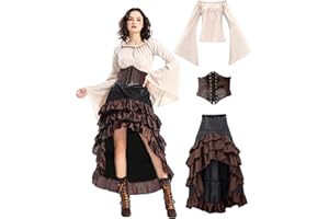 MINKASIC 3PCS Mittelalter Piratenkostüm Set Mittelalter Kleid Damen mit Piraten Korsett Oberteil Rock Faschingskostüm für Halloween Karneval Cosplay