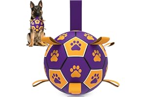 RUCACIO Dog Balls for Large Dogs, Durable Dog Soccer Ball Football Toy with Straps, Interactive Dog Toys for Tug of War, 8 Inch